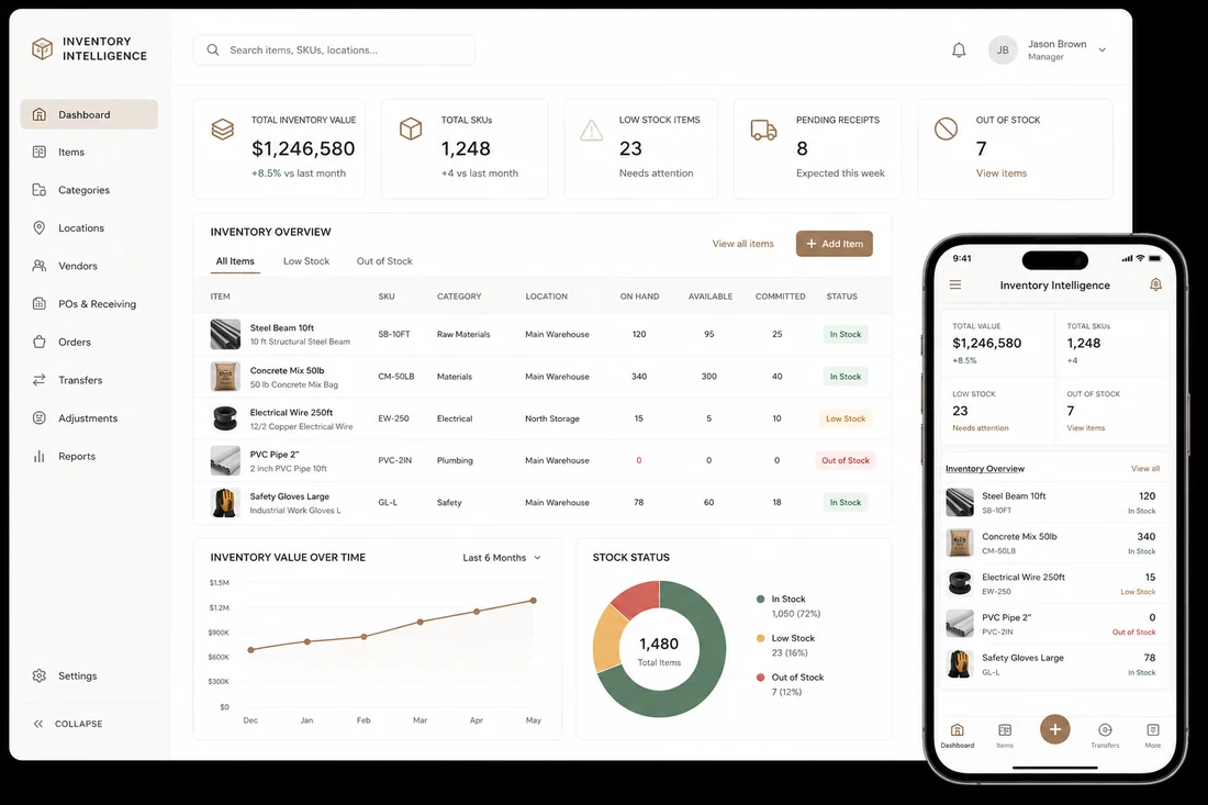 Inventory dashboard on desktop and phone showing total inventory value, low stock and out of stock counts, a live item list with on hand and available quantities, and inventory value trends.